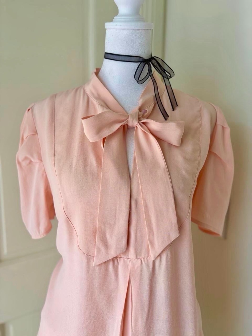 Ann Taylor pink lolita coquette bow neck tie blouse puff sleeve girly retro M